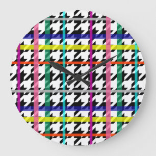 Multicolored Lines On Plaid Houndstooth Design  Large Clock