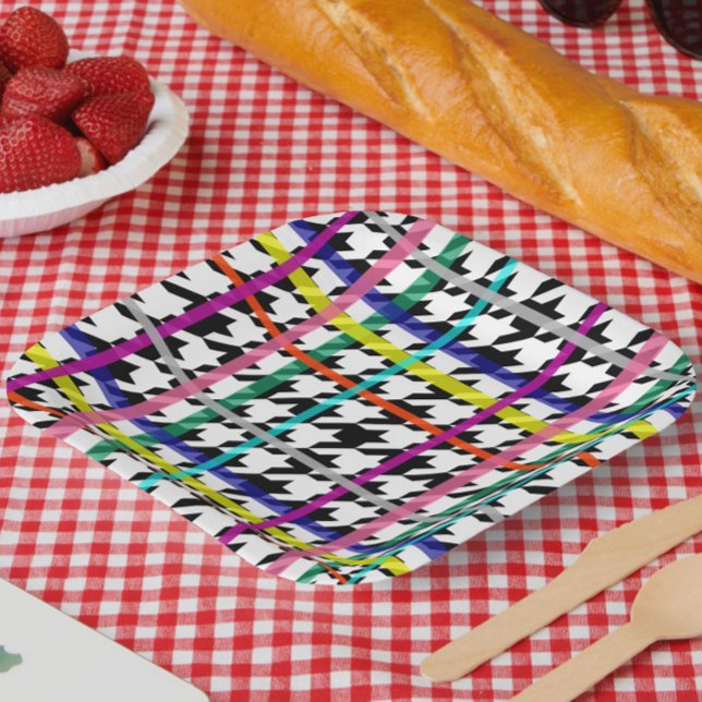 Multicolored Lines On Plaid Houndstooth Design  Paper Plate (Creator Uploaded)