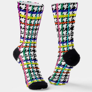 Multicolored Lines On Plaid Houndstooth Design Socks