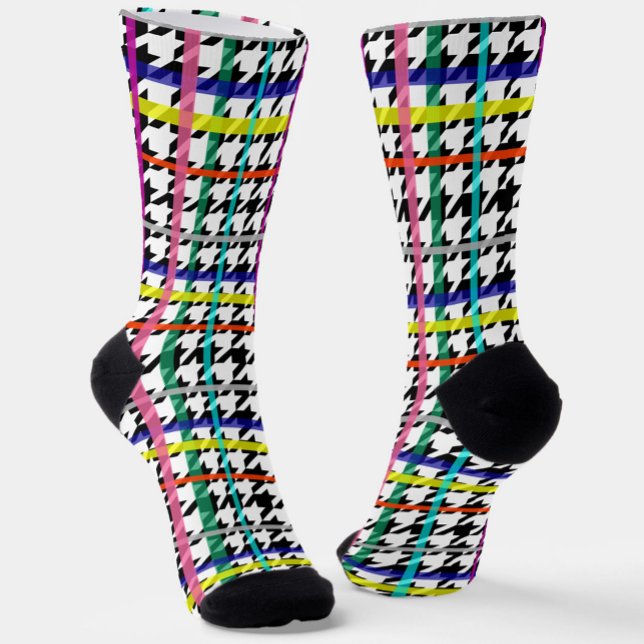 Multicolored Lines On Plaid Houndstooth Design  Socks (Creator Uploaded)
