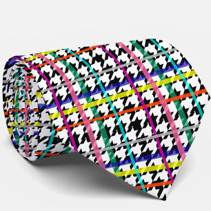 Multicolored Lines On Plaid Houndstooth Design  Tie