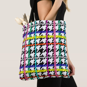 Multicolored Lines On Plaid Houndstooth Design Tote Bag