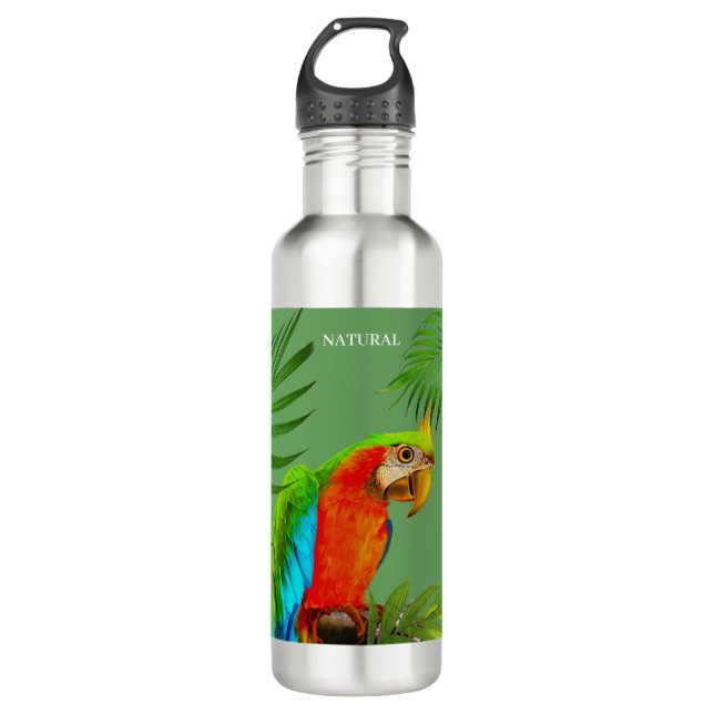 Multicolored Macaw Bird & Palm Leaves 710 Ml Water Bottle (Front)