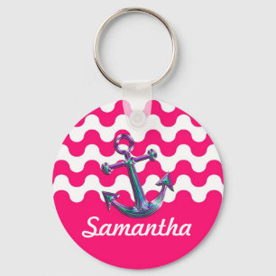 Multicolored Metallic Anchor on Pink Wavy ZigZag Keychain