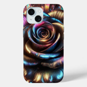 Multicolored Metallic Rose with Vibrant Flourishes iPhone 15 Case