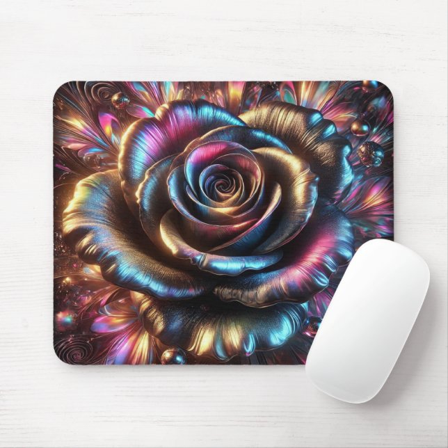 Multicolored Metallic Rose with Vibrant Flourishes Mouse Pad (With Mouse)