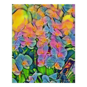 Multicolored orchid flowers watercolor painting  poster