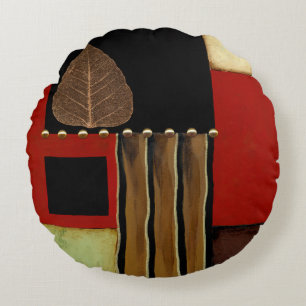Multicolored Panel Painting with Brown Leaf Round Pillow