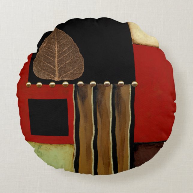 Multicolored Panel Painting with Brown Leaf Round Pillow (Front)