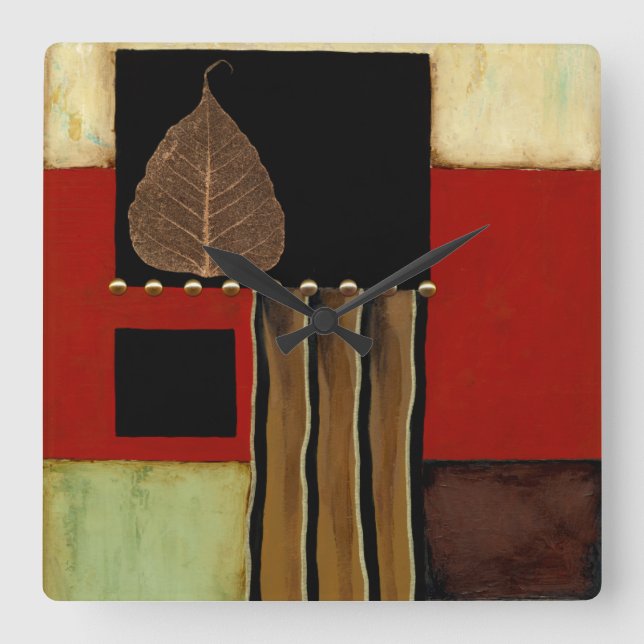 Multicolored Panel Painting with Brown Leaf Square Wall Clock (Front)