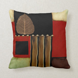Multicolored Panel Painting with Brown Leaf Throw Pillow