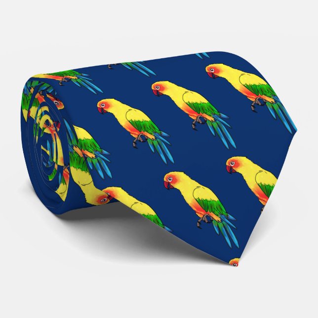 Multicolored Parrot Bird Pattern on Blue Tie (Rolled)
