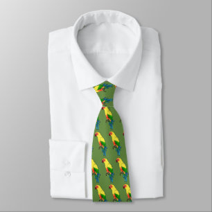 Multicolored Parrot Bird Pattern on Olive Green Tie