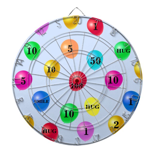 Multicolored Party Balloons on Light Blue Dartboard (Front)