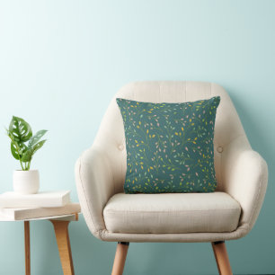 Multicolored Pastel Leaves on Dark Teal Botanical Throw Pillow