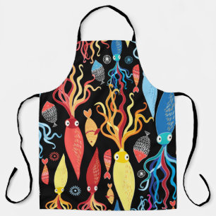 Multicolored pattern of different squid and fish o apron
