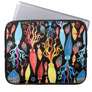 Multicolored pattern of different squid and fish o laptop sleeve