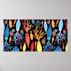 Multicolored pattern of different squid and fish o poster