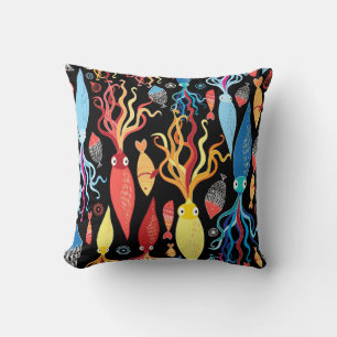 Multicolored pattern of different squid and fish o throw pillow