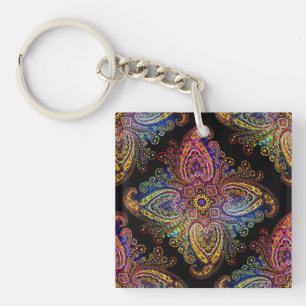 Multicolored Pinweel Paisley on Black Keychain
