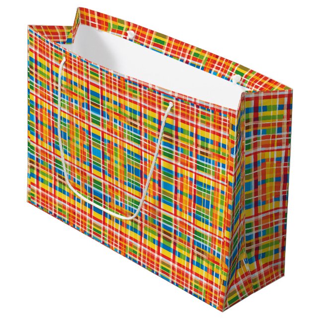 Multicolored Plaid Abstract Pattern Large Gift Bag (Front Angled)