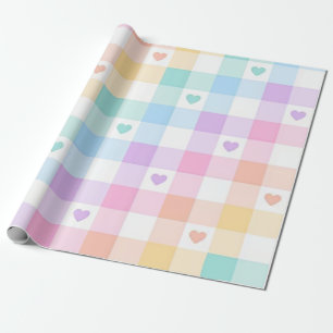 Multicolored Plaid Pastel Hearts Wrapping Paper