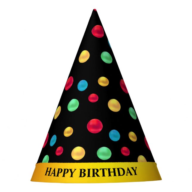 Multicolored Polka Dots on Black Party Hat (Front)