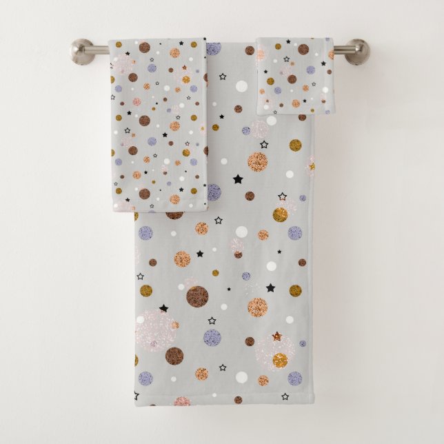Multicolored polka dots on grey.  bath towel set (Insitu)