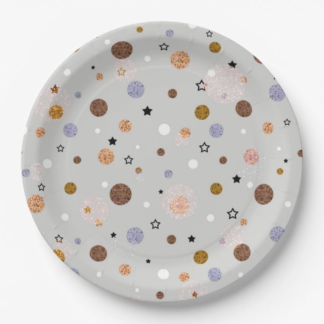 Multicolored polka dots on grey.  paper plate (Front)
