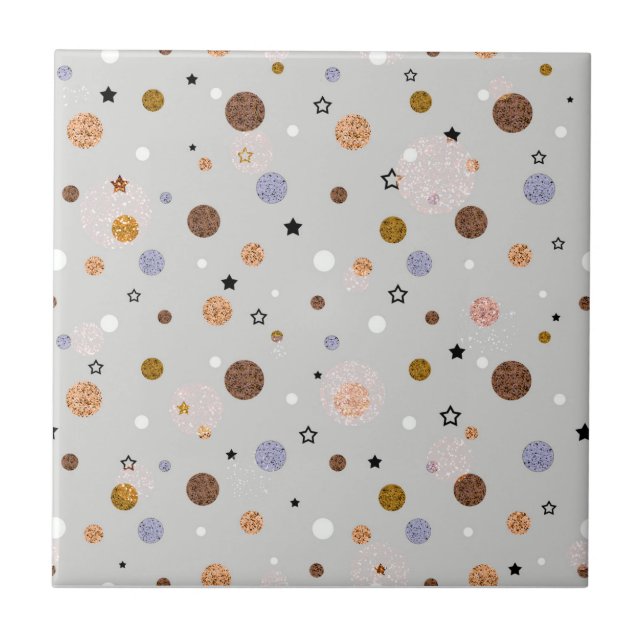 Multicolored polka dots on grey.  tile (Front)