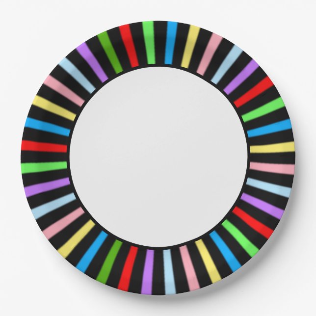 Multicolored Rays on Black & White Party Paper Plate (Front)