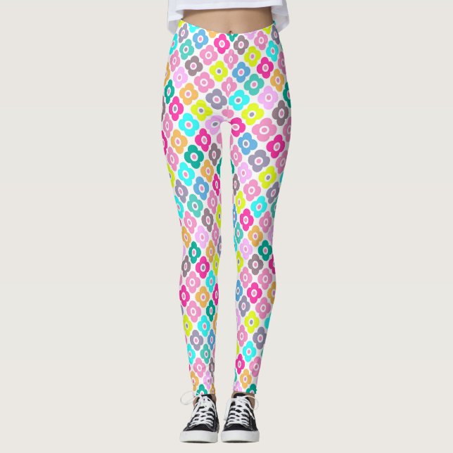Multicolored rustic flower pattern on white  leggings (Front)