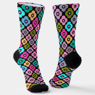Multicolored rustic flower pattern on white socks