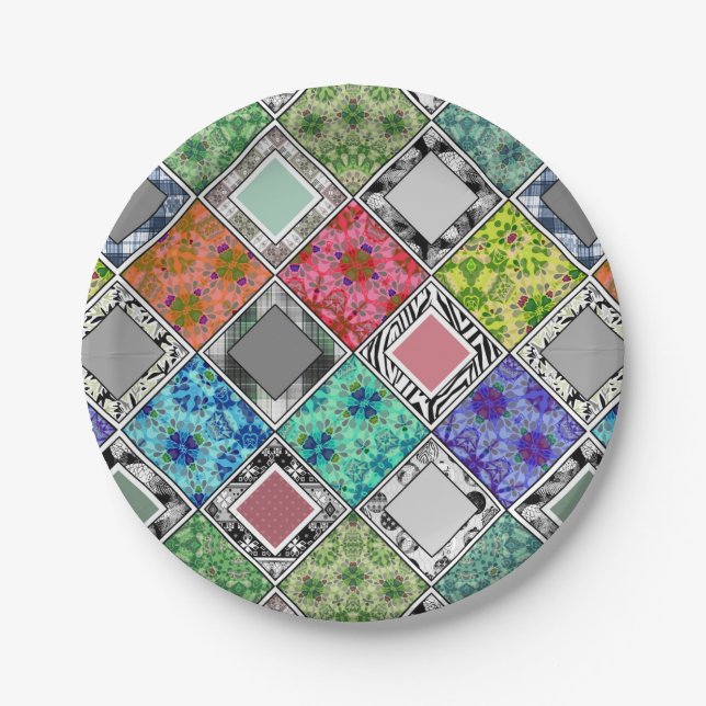 Multicolored , rustic , patchwork , patches   paper plate (Front)