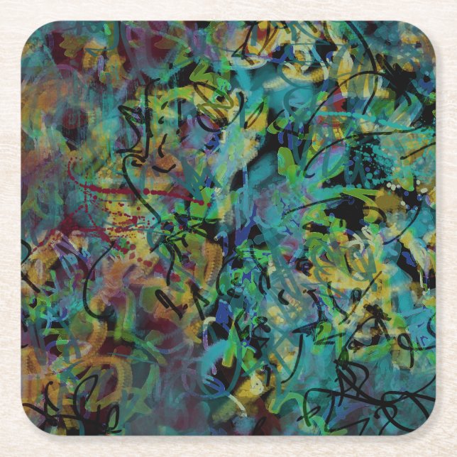 Multicolored Scribbled Abstract Art Square Paper Coaster (Front)