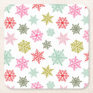 Multicolored snowflake pattern – winter christmas square paper coaster