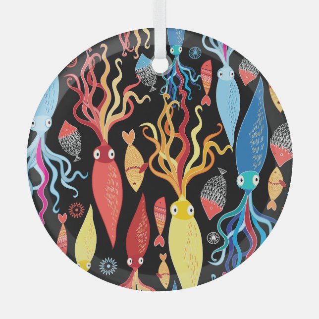 Multicolored Squid Fish Black Background Glass Ornament (Front)