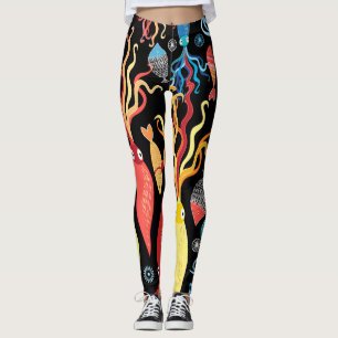 Multicolored Squid Fish Black Background Leggings