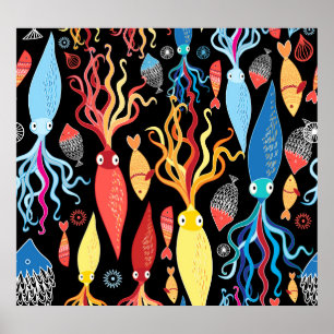Multicolored Squid Fish Black Background Poster