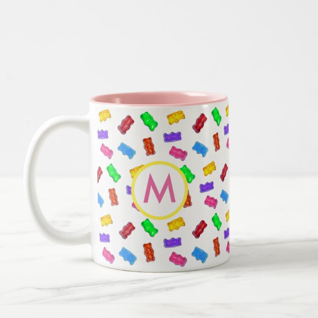 Multicolored Sweet Bears & Pink Monogram Two-Tone Coffee Mug (Left)
