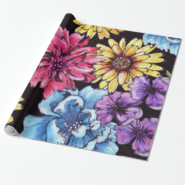 Multicolored watercolor flower bouquet wrapping paper (Unrolled)