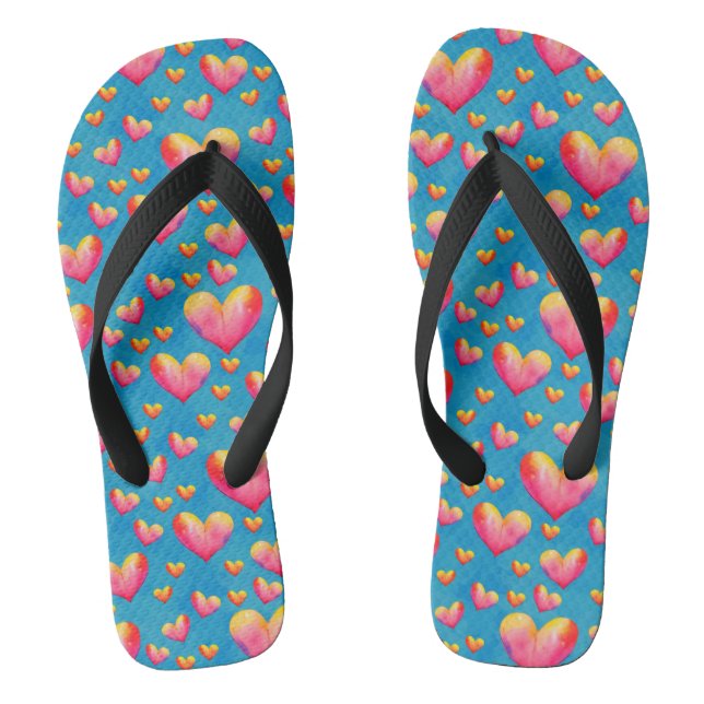 Multicolored Watercolor Hearts Flip Flops (Footbed)