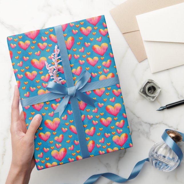 Multicolored Watercolor Hearts Wrapping Paper (Gifting)