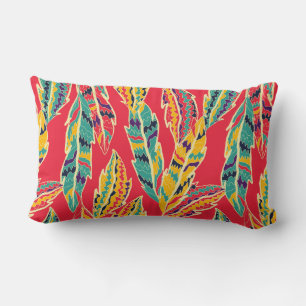 Multicolour Feathers Red Lumbar Pillow