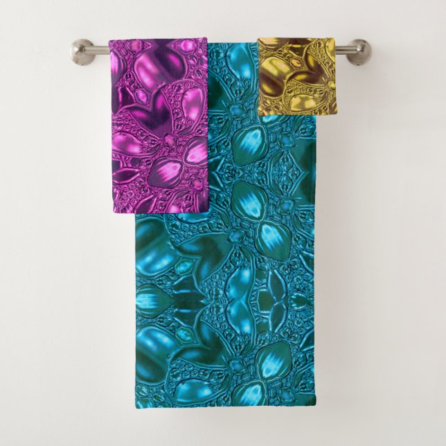 Multicolour Teal-Fuchsia-Gold Bath Towel Set (Insitu)