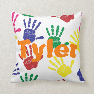 Multicoloured handprint children's personalised throw pillow