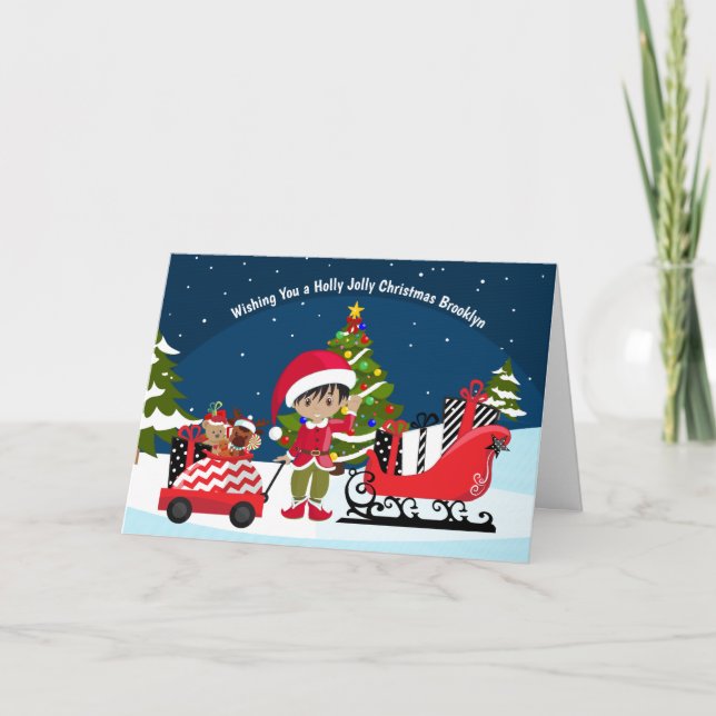 Multicultural Boy Elf Folded Holiday Card (Front)