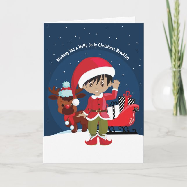 Multicultural Boy Elf Holiday Card (Front)