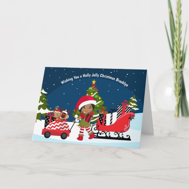 Multicultural Girl Elf Folded Holiday Card (Front)