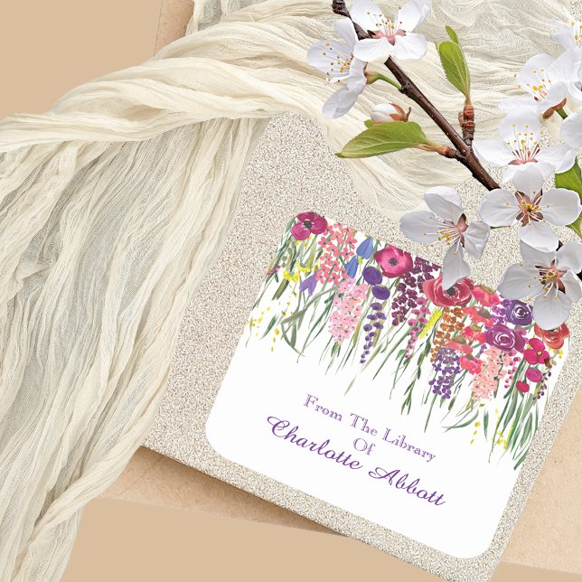 Multifloral Drop Bookplate With Name Customization Square Sticker (Creator Uploaded)